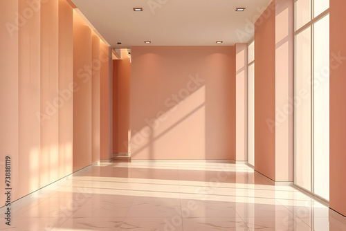 Interior of Empty Office Room with Big Space and sunlight entering and without Furniture in Peach Fuzz Colour of the Year 2024.