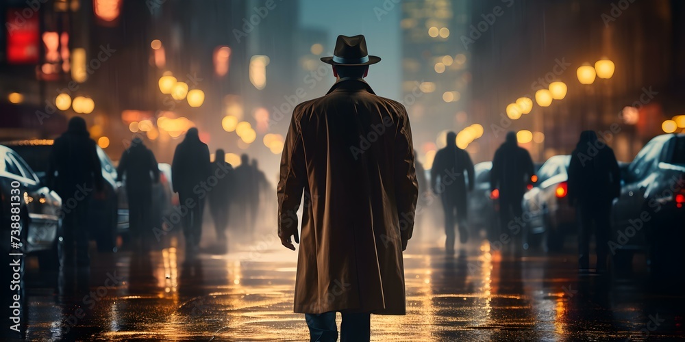 Detective walks in suspense setting the stage for a thrilling film. Concept Detective Mystery, Film Noir, Suspenseful Setting, Thrilling Plot, Suspenseful Atmosphere