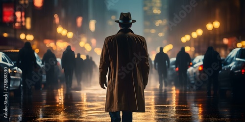 Detective walks in suspense setting the stage for a thrilling film. Concept Detective Mystery, Film Noir, Suspenseful Setting, Thrilling Plot, Suspenseful Atmosphere photo