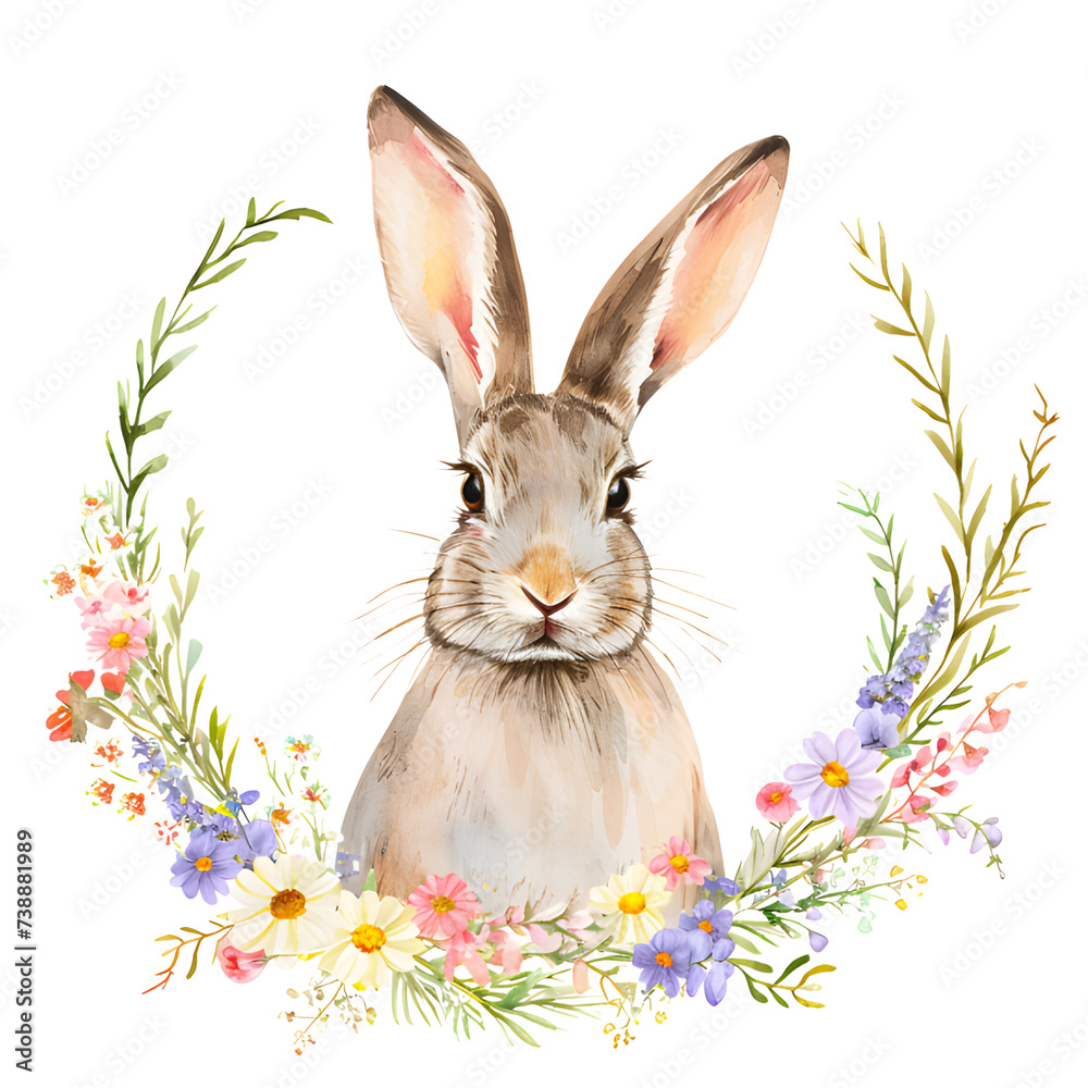 Obraz premium Enchanting watercolor illustration capturing a charming rabbit surrounded by vibrant and delicate wildflowers.