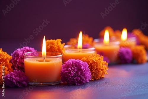 a group of candles and flowers