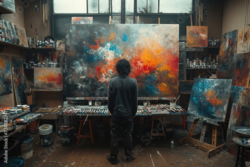 Artist amid paints creating an abstract masterpiece © P
