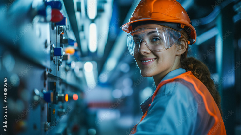 smiling female worker in modern industrial environment working smiling female worker in modern industrial environment working