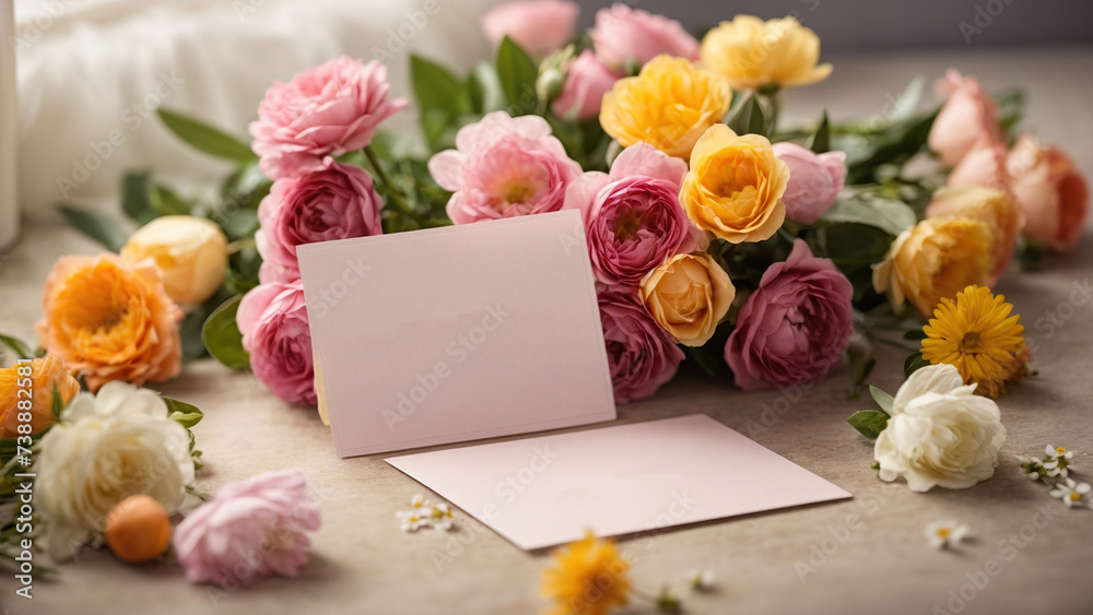 Obraz premium A bouquet of flowers and a card dedicated to International Women's Day. Concept March 8th.