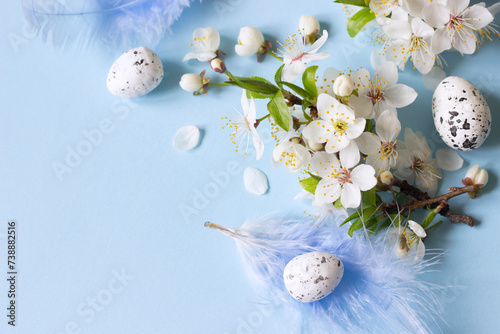 Easter template-easter eggs, feathers, Spring branches of white cherry blossoms  on  pastel blue  background. Empty space for text