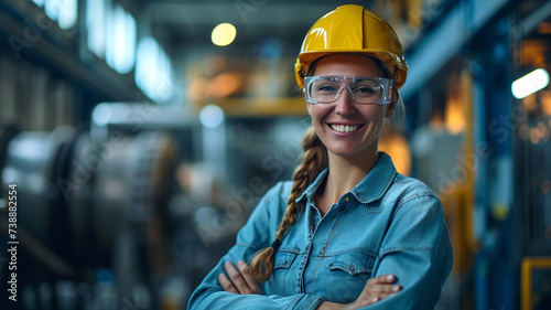 smiling female worker in modern industrial environment working