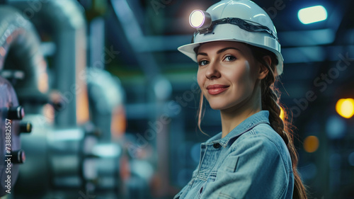smiling female worker in modern industrial environment working