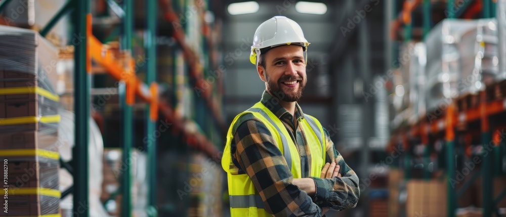 Portrait of warehouse sminling worker standing by forklift. Warehouse worker preparing products for shipmennt, delivery, checking stock in warehouse. Banner with copy space. Generative ai Portrait of warehouse sminling worker standing by forklift. Warehouse worker preparing products for shipmennt, delivery, checking stock in warehouse. Banner with copy space. Generative ai
