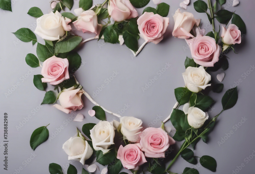 Valentines day romantic concept Natural heart shape frame layout with white and pink roses and green leaves on grey background
