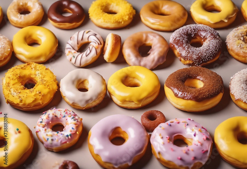Yellow dessert background with various donuts