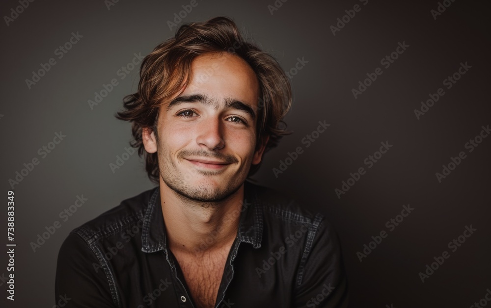 A photograph capturing a smiling man with long hair wearing a black shirt. The man exudes a sense of joy and confidence as he poses for the camera