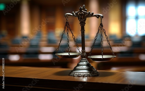 This photograph captures a set of scales of justice placed on a wooden table in a courtroom. The image conveys a sense of legal proceedings and the concept of justice being upheld in the judicial syst