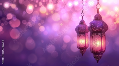 Traditional Ramadan lanterns glowing warmly, suspended in a mystical atmosphere with a bokeh of sparkling lights, evoking the spirit of the holy month.