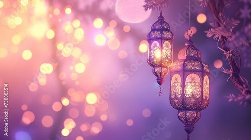 Traditional Ramadan lanterns glowing warmly, suspended in a mystical atmosphere with a bokeh of sparkling lights, evoking the spirit of the holy month.