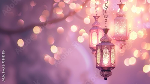 Traditional Ramadan lanterns glowing warmly, suspended in a mystical atmosphere with a bokeh of sparkling lights, evoking the spirit of the holy month.