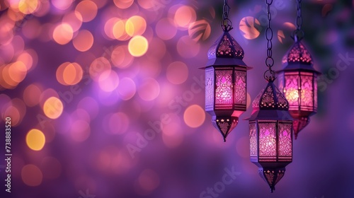 Traditional Ramadan lanterns glowing warmly, suspended in a mystical atmosphere with a bokeh of sparkling lights, evoking the spirit of the holy month.