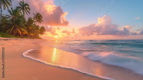 The serene beauty of a tropical beach at sunset, with the sun casting a warm glow over the soft waves and palm trees, creating a tranquil and picturesque scene.