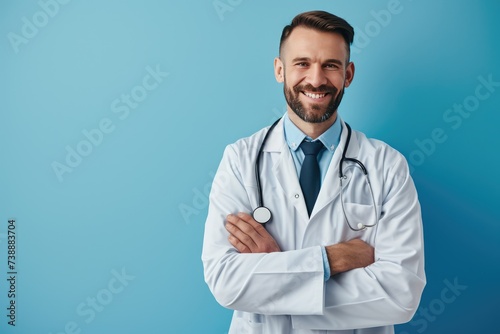A portrait of a confident male healthcare professional in a white lab coat with a stethoscope, smiling and standing with crossed arms against a solid blue background. © Thanaphon