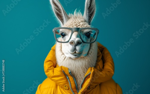 In this image, a llama is standing wearing a pair of glasses and a bright yellow jacket. The llamas eyes are visible through the glasses, and the outfit adds a quirky touch to its appearance