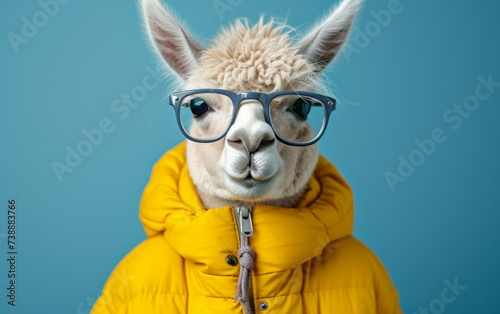A llama is portrayed wearing stylish glasses and a yellow jacket in this quirky and amusing photograph. The llama stands out with its unique attire  adding a touch of humor to the scene
