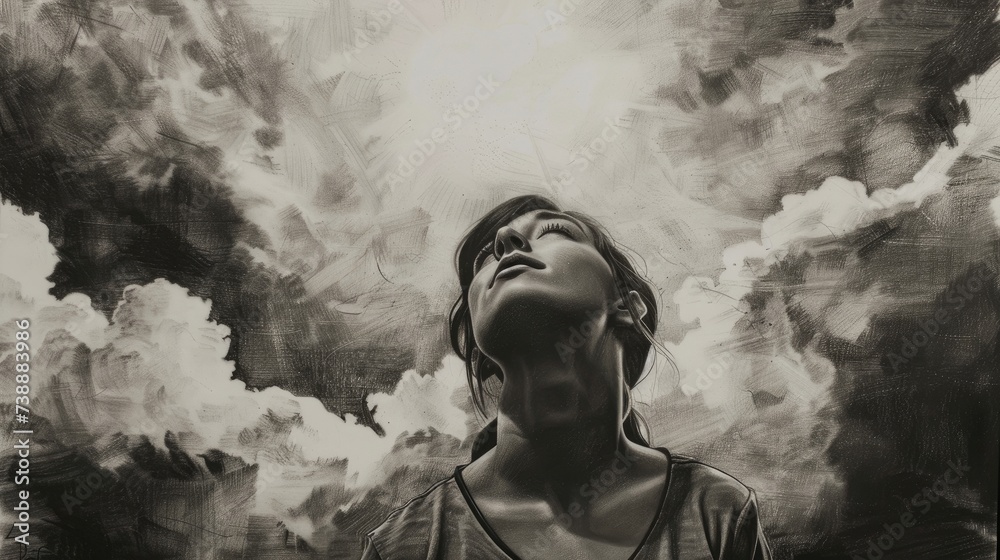Black and white illustration of a woman looking up, praying towards the sky. Worship.