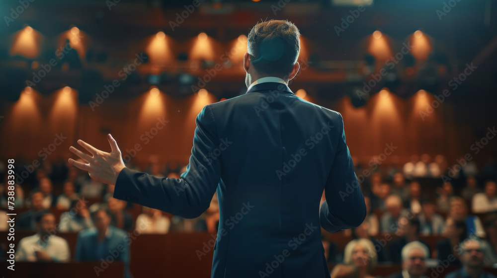 speaker at a business or entrepreneurship event, presenting to an audience in a conference hall. - obrazy, fototapety, plakaty 