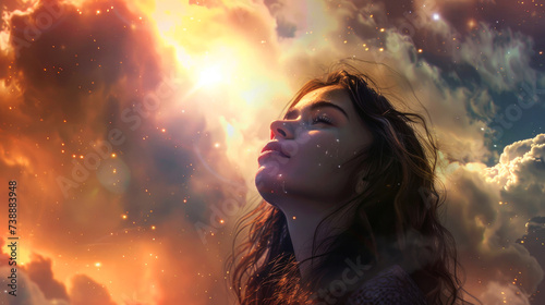 Portrait of a young woman with closed eyes, praying against a galaxy background. Worship.