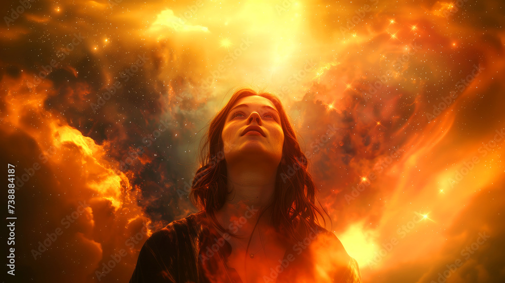Young woman praying against a fire background. Worship.