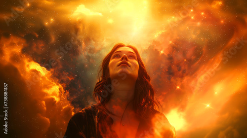 Young woman praying against a fire background. Worship.
