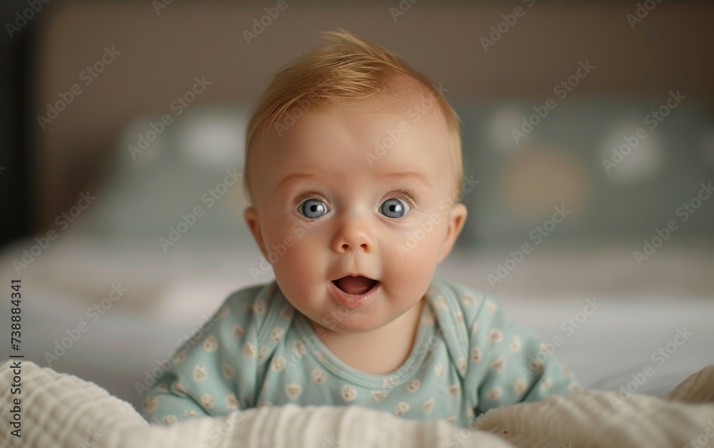 A close-up photograph capturing a baby with a surprised look on his face, highlighting the innocence and curiosity of early childhood. The babys wide eyes and open mouth convey a sense of astonishment
