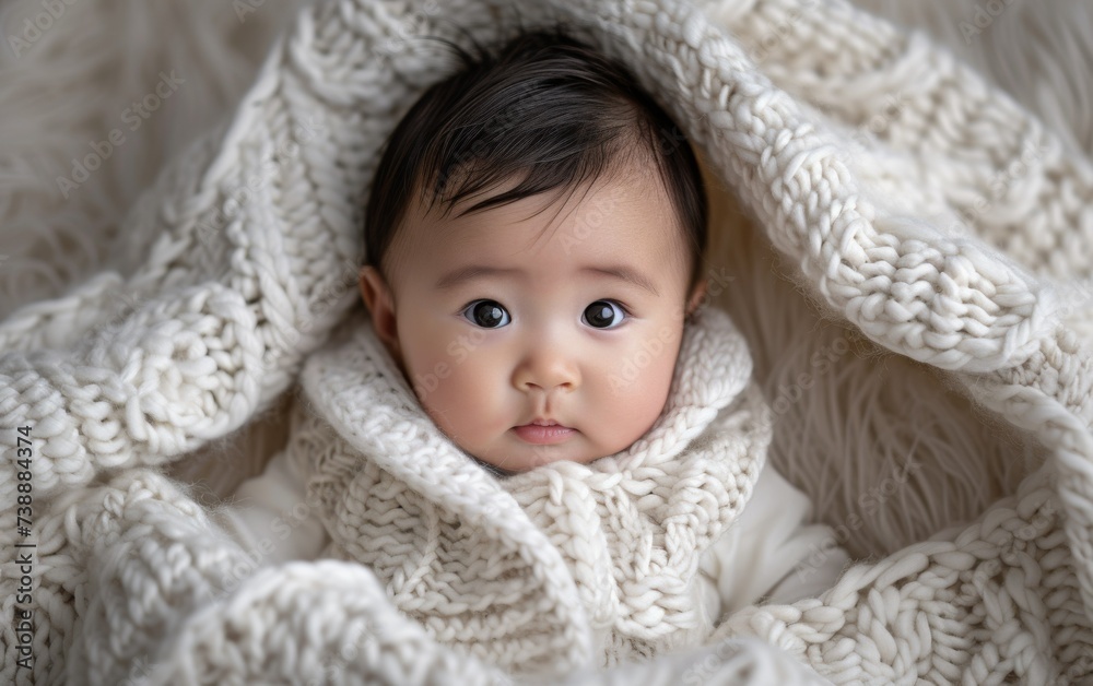 A photo capturing a baby of multiethnic descent wrapped in a cozy blanket, gazing directly at the camera with curiosity A photo capturing a baby of multiethnic descent wrapped in a cozy blanket, gazing directly at the camera with curiosity