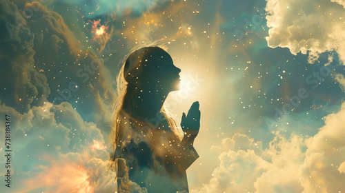 Silhouette of a woman praying against a night starry sky with colorful clouds. Worship.