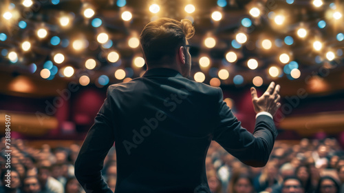 speaker at a business or entrepreneurship event, presenting to an audience in a conference hall.