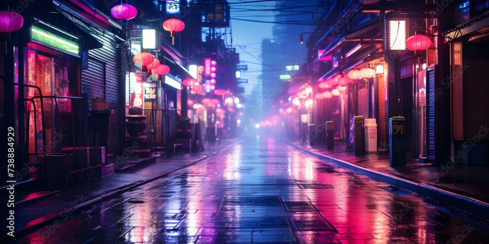 Anime style silhouette on rainy Japanese street with neon lights reminiscent of manga. Concept Anime, Silhouette, Japanese Street, Neon Lights, Manga