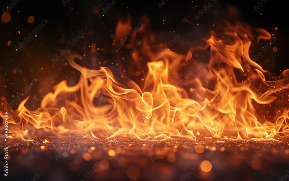 This photograph captures a close-up view of a bright and intense fire blazing against a deep black background. The flames dance and flicker, creating a stark contrast in the frame - obrazy, fototapety, plakaty 