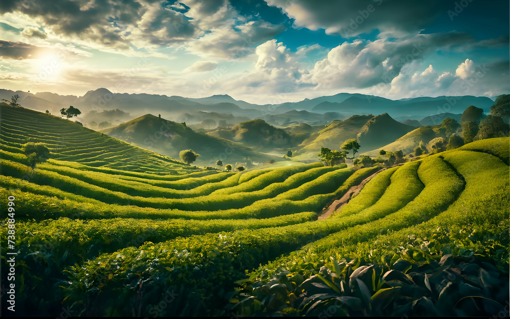 Tea plantations in Munnar, Kerala, India. Beautiful tea plantations landscape at sunset Tea plantations in Munnar, Kerala, India. Beautiful tea plantations landscape at sunset