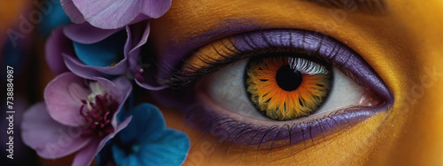 Close-up of a woman s eye and flowers as a postcard dedicated to International Women s Day. Concept March 8th.