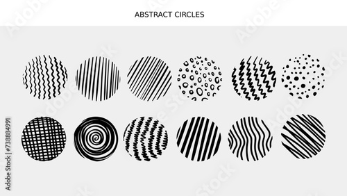 Abstract circle illustrated shapes and patterns within circle. Curly, zigzag, rounded, wavy pattern.