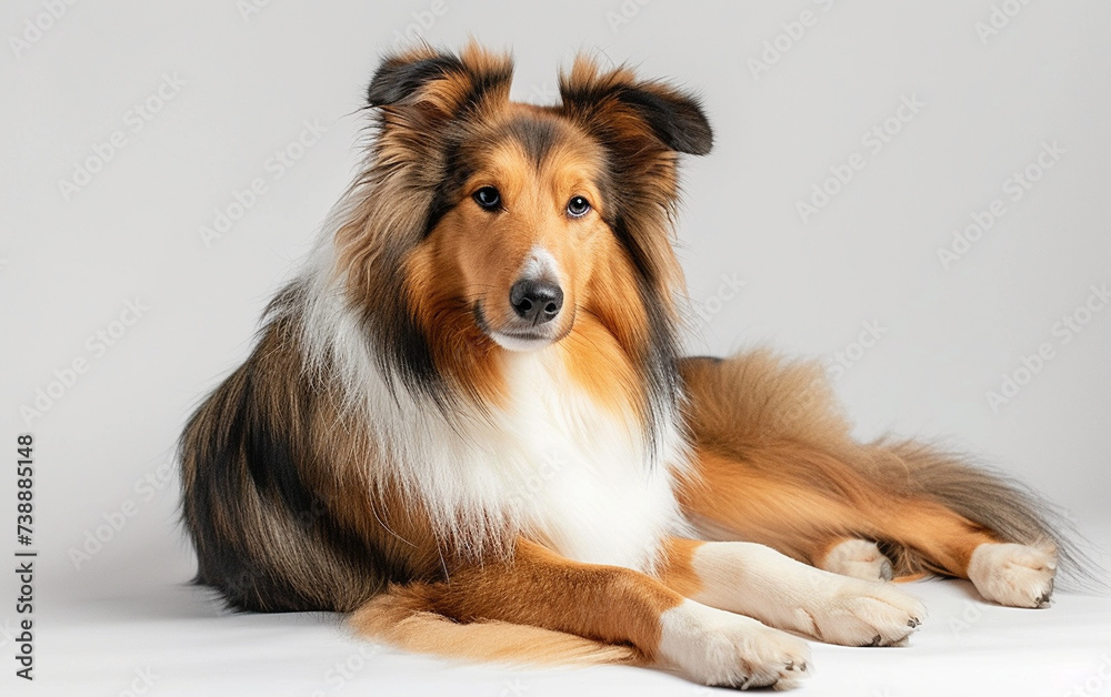 A brown and white dog is seen laying comfortably on top of a clean white floor