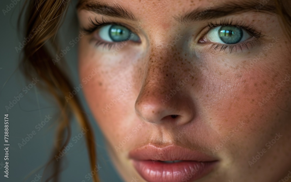 A photograph of a woman with freckled hair and striking blue eyes looking directly at the camera