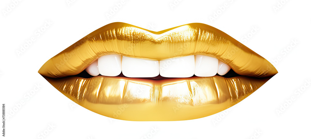 Golden lipstick Smiling female mouth with shiny healthy white teeth. isolated on white background Golden lipstick Smiling female mouth with shiny healthy white teeth. isolated on white background