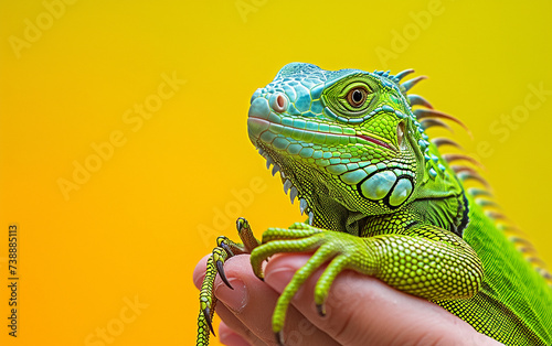 A close-up photograph of a person holding a vivid green lizard in their hand. The lizards intricate scales and the persons hand holding it are prominently featured in the image