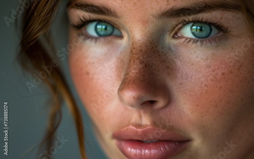 A photograph of a woman with freckled hair and striking blue eyes looking directly at the camera