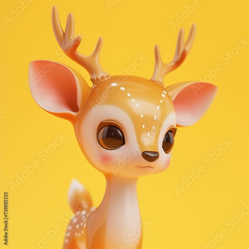 A 3D-rendered image of a stylized cartoon fawn with large eyes, against a bright yellow backdrop.