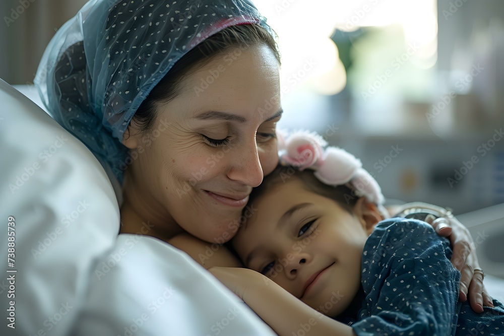 A resilient mother battling cancer smiling while bonding with her child in hospital. Concept Portrait Photography, Motherhood, Cancer Survivor, Healthcare, Maternal Love A resilient mother battling cancer smiling while bonding with her child in hospital. Concept Portrait Photography, Motherhood, Cancer Survivor, Healthcare, Maternal Love