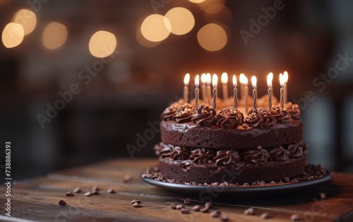 A chocolate cake with lit candles on a wooden table, ready for a birthday celebration. The warm glow of the candles adds a festive touch to the rich dessert
