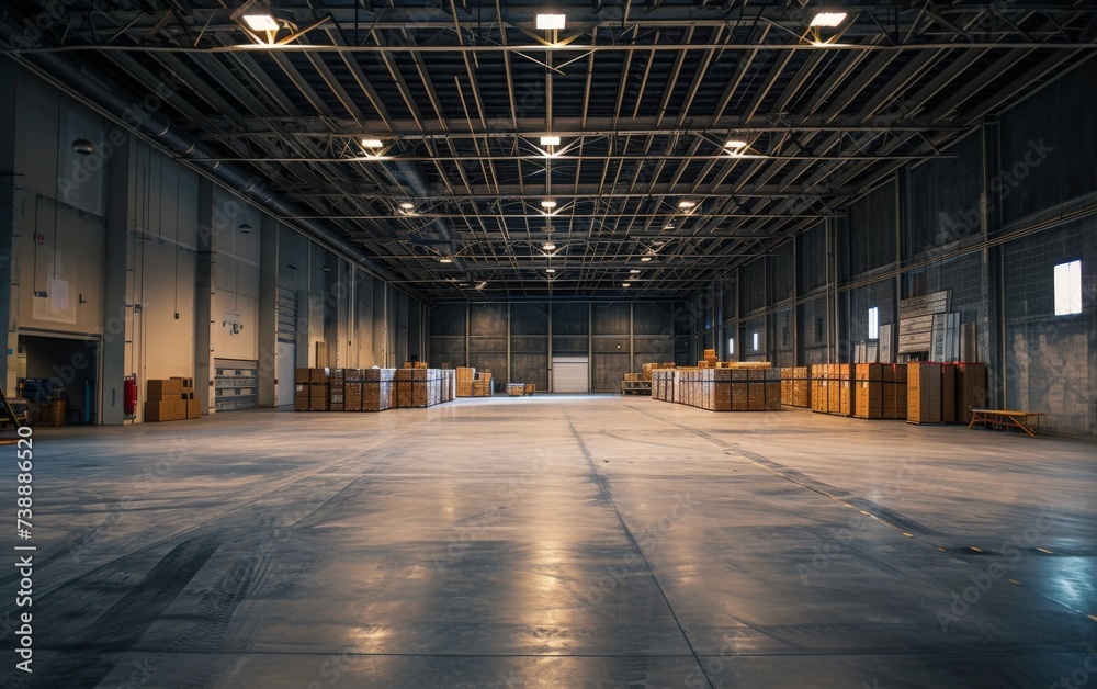 The photo captures an empty warehouse space with numerous boxes and pallets scattered around. The scene depicts a storage area that is in a state of disarray, showcasing the industrial setting of the The photo captures an empty warehouse space with numerous boxes and pallets scattered around. The scene depicts a storage area that is in a state of disarray, showcasing the industrial setting of the