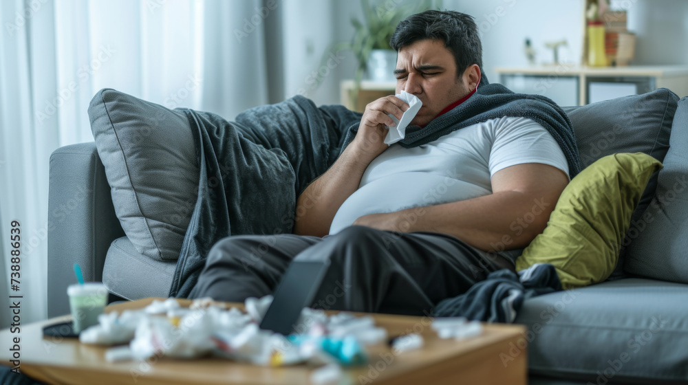 Fototapeta premium man lying on a couch, blowing his nose with a tissue, appearing to be ill