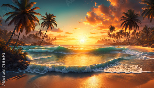 Abendrot oder Sonnenaufgang am Strand mit tropischen Palmen  einem Ozean oder Meer aus t  rkisen Wasser mit Wellen und einem weiten Himmel mit Sonne Wolken in bunten Farben sch  ner Urlaub Insel K  ste