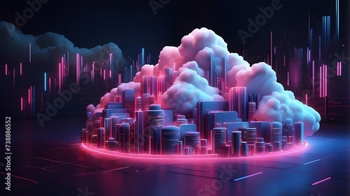 Cloud-based computing Concept for Data Base Technology using neon structures that light against a dark background. An example of generative AI, Cloud Data Base Technology concept with blue and pink 